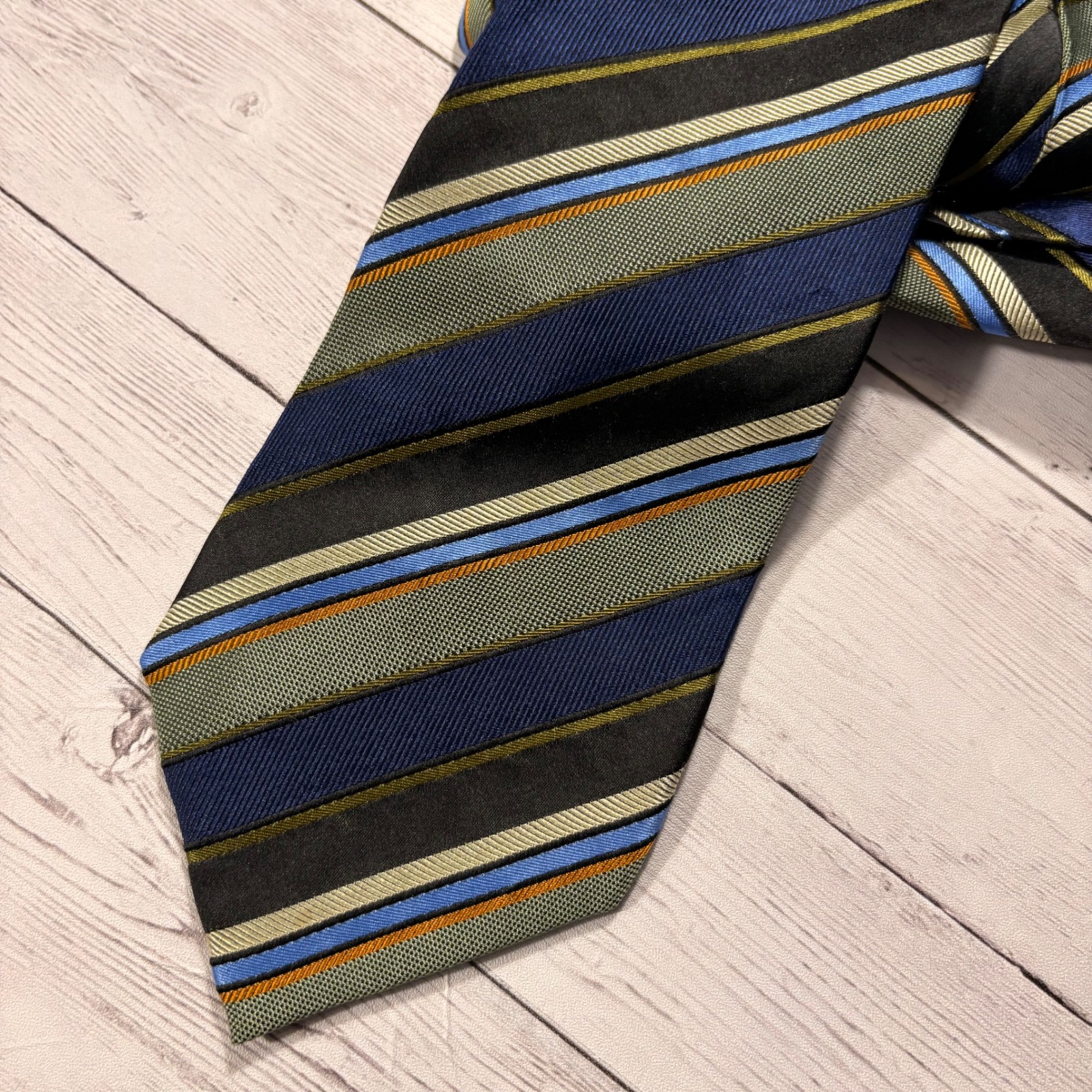 Bachrach Mens Silk Necktie Navy Blue Olive Green Black Striped Formal Tie